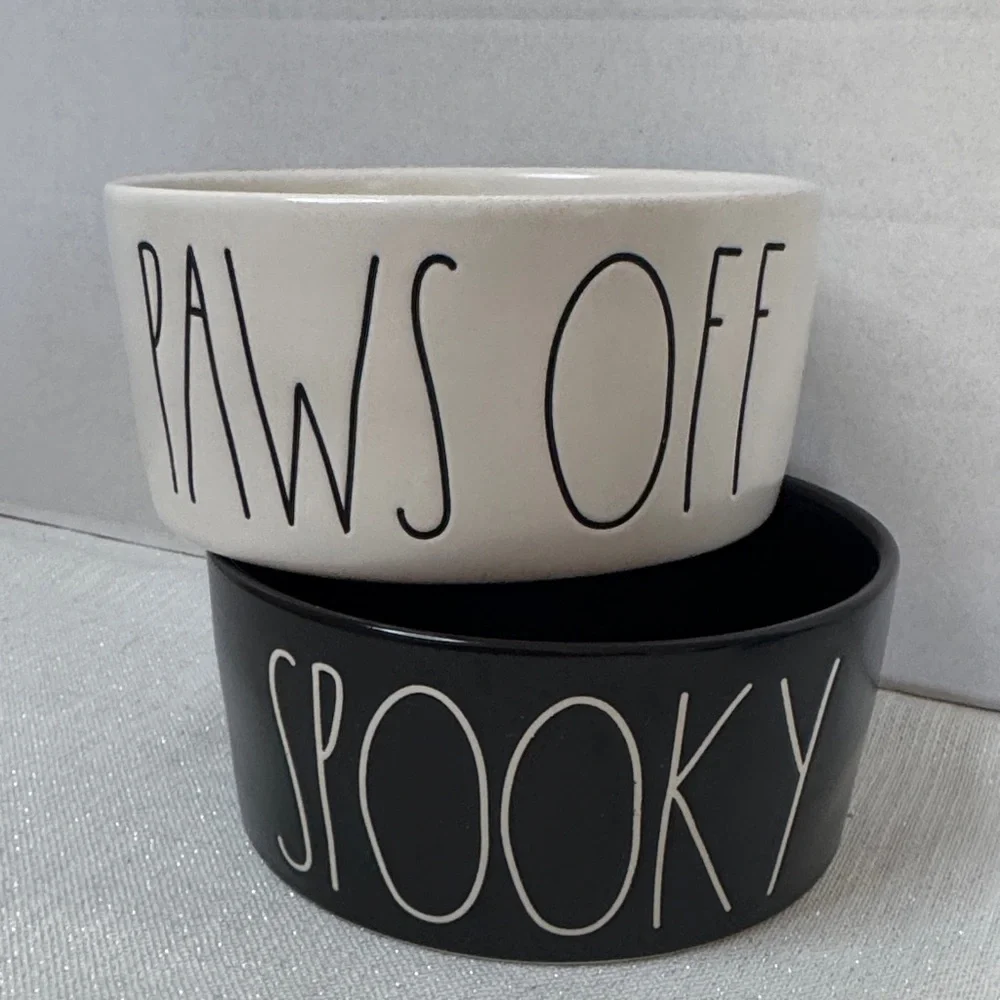 Rae Dunn 2 pet bowls set “paws off” & “spooky” white and black 6x6x1.5” NWOT